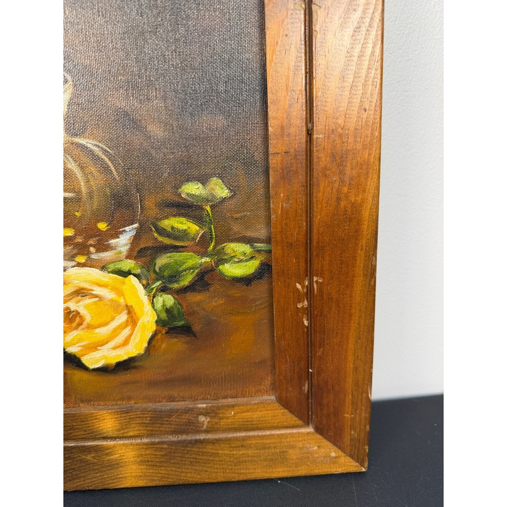 VTG Original Oil Painting Still Life Yellow Rose Brass Vessel Signed G Hock 1990 - Picture 9 of 16
